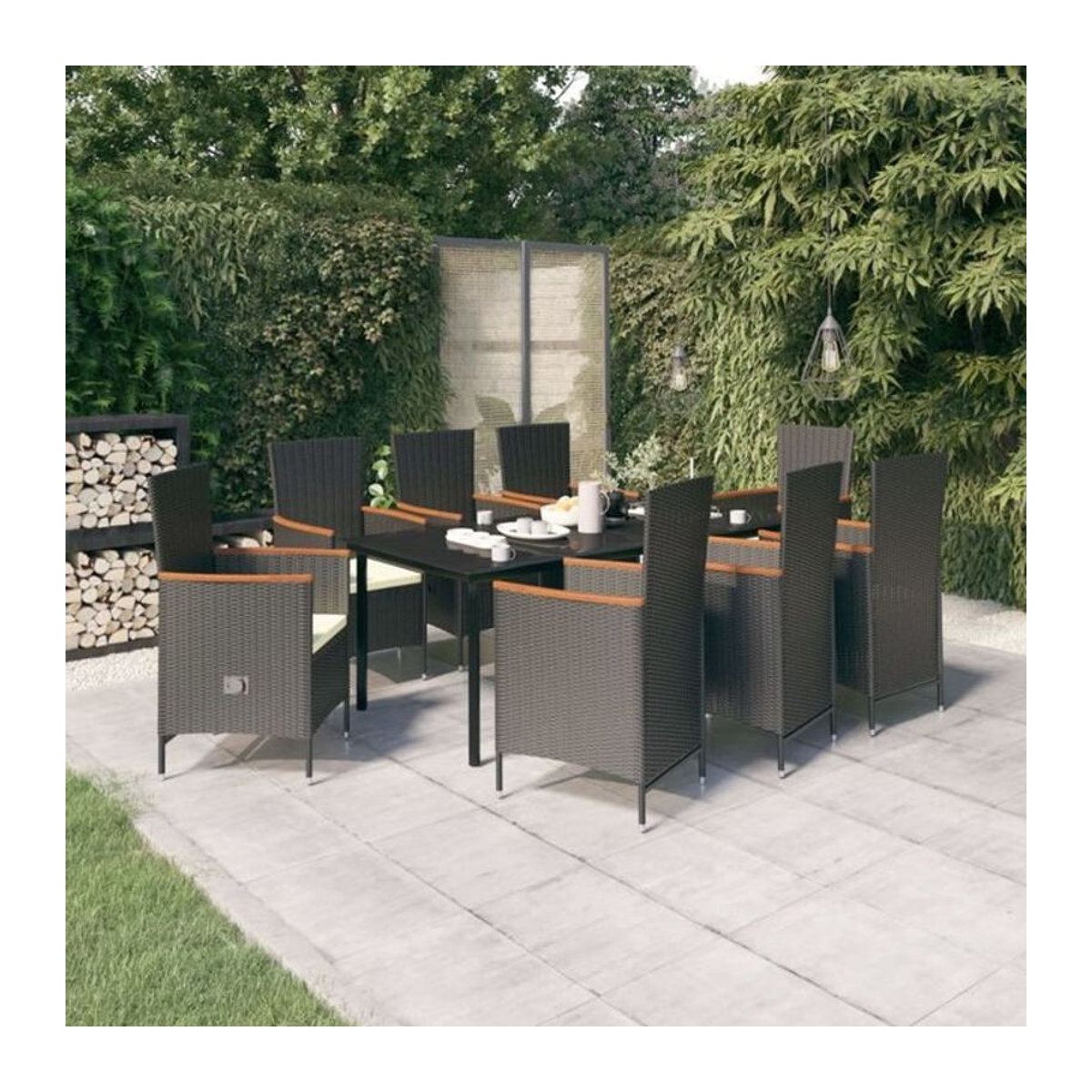 9-teiliges Gartenmöbel-Set von vidaxl aus Polyrattan mit Glasplatte und Kissen in Schwarz und Beige - Bild 1