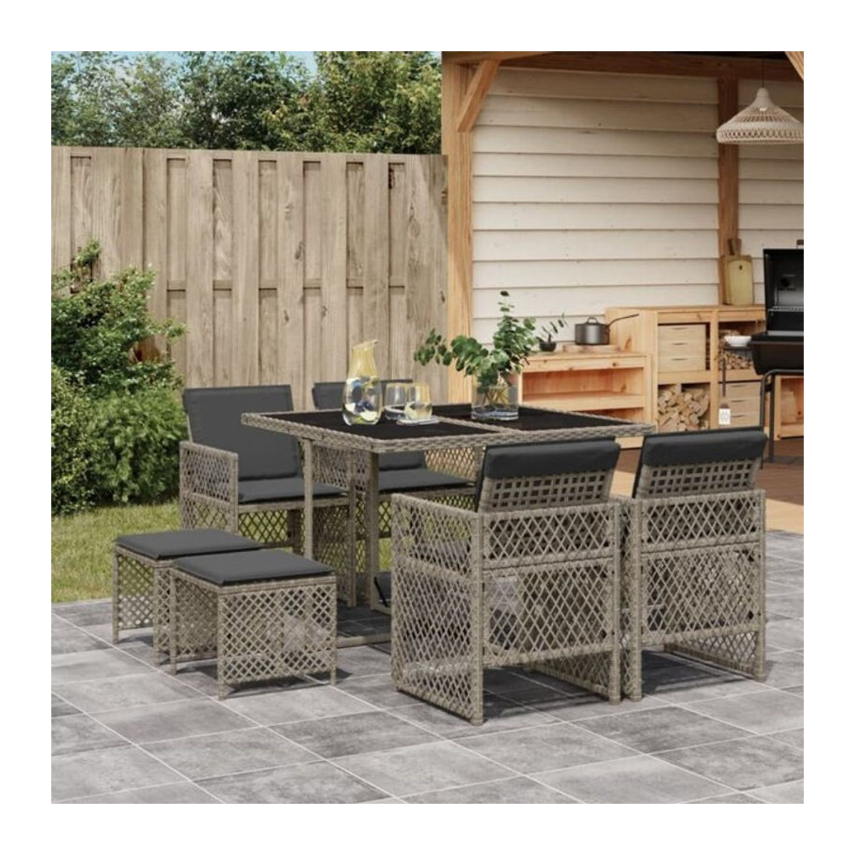 9-tlg. Gartenmöbel-Set aus Polyrattan mit Kissen in Grau von vidaxl - Bild 1