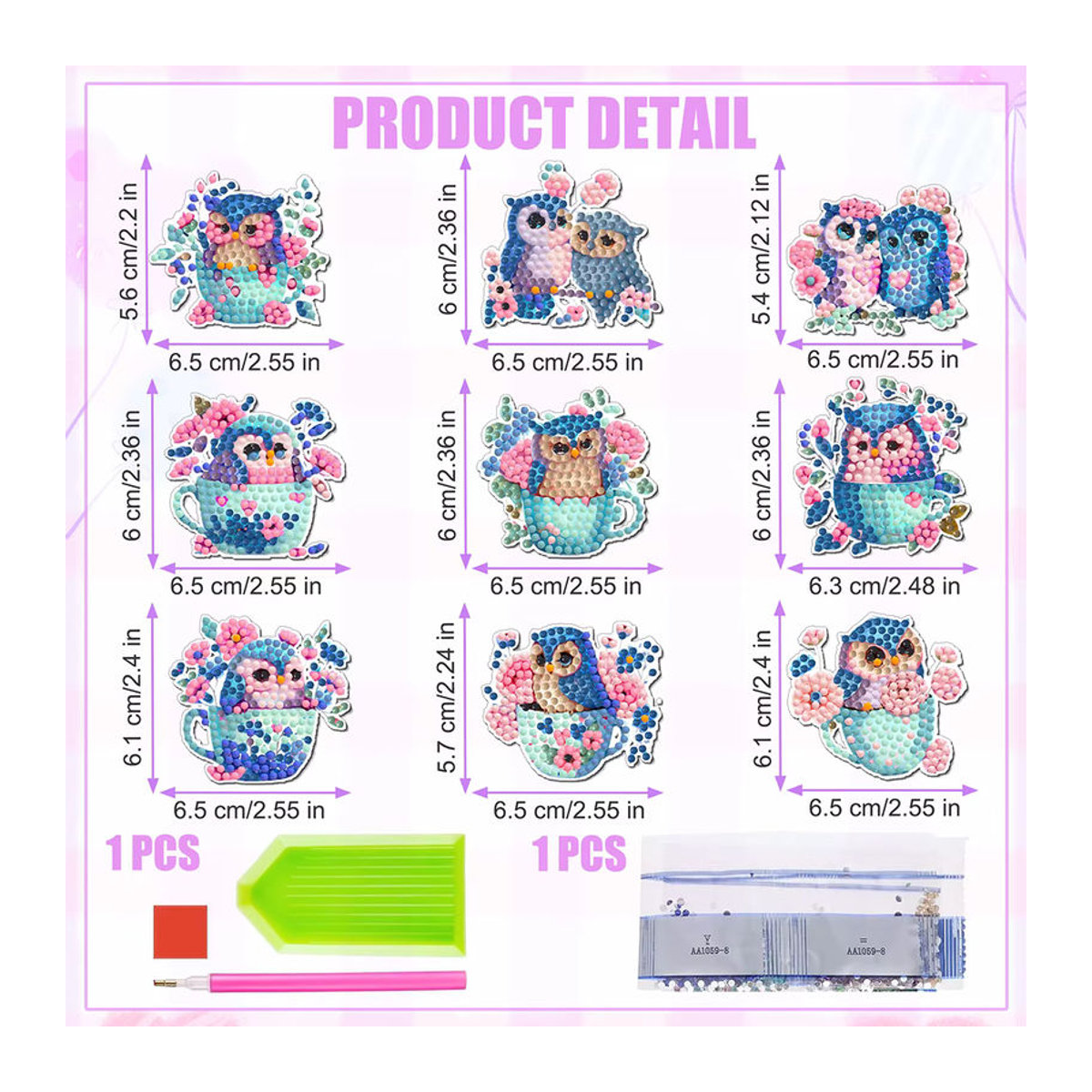 9er Set DIY Diamantmalerei Eulen-Design als bunte Kühlschrankmagnete aus Kunststoff - Bild 2