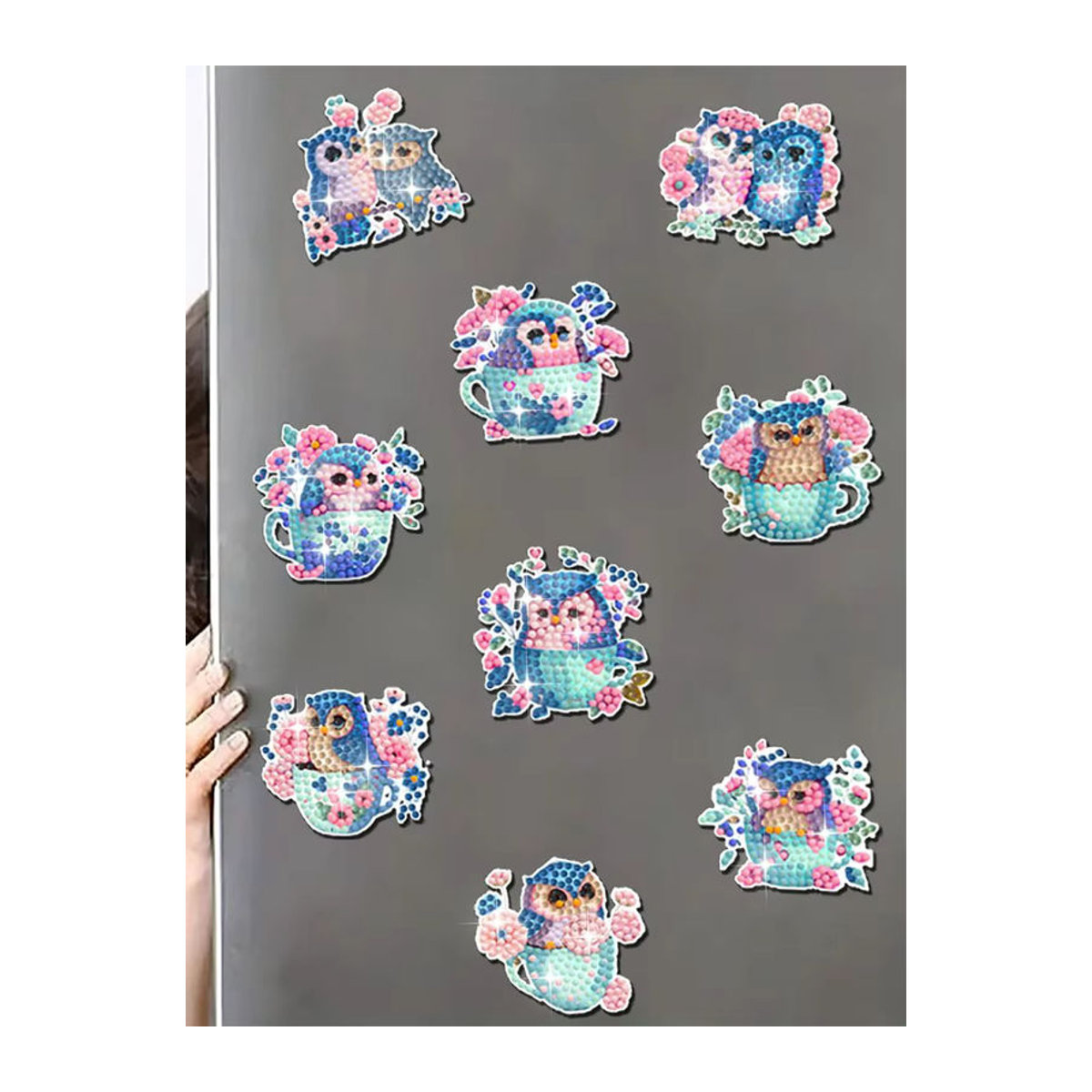 9er Set DIY Diamantmalerei Eulen-Design als bunte Kühlschrankmagnete aus Kunststoff - Bild 6
