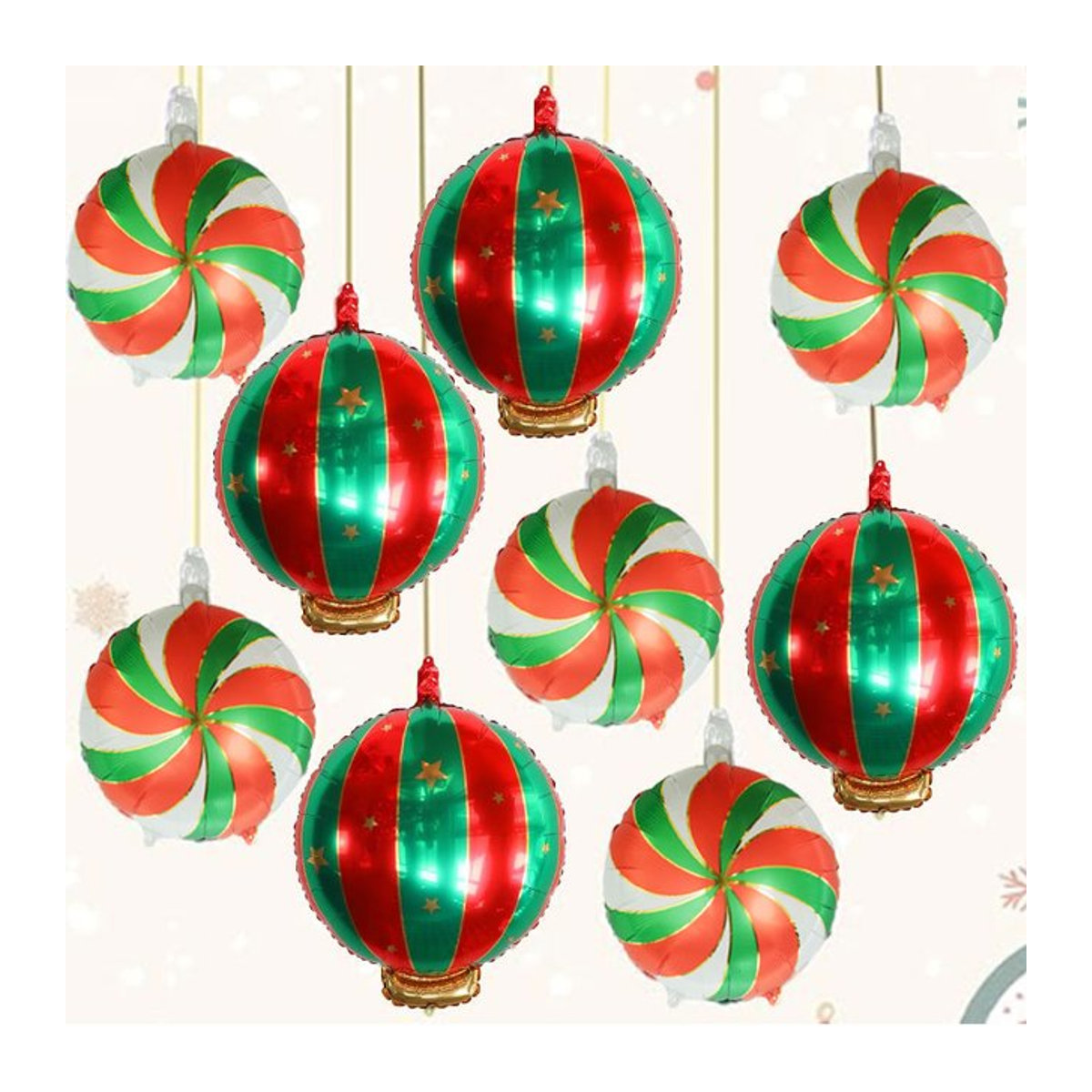 9er Set LQVYI Weihnachts Luftballons in Lutscher-Optik aus Aluminiumfolie, mehrfarbig und rund, hängende Partydekoration für Weihnachten und Neujahr - Bild 1