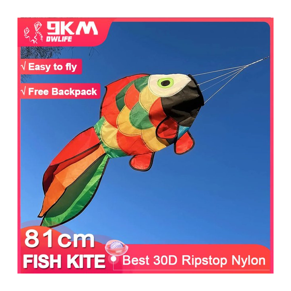 9KM Regenbogen Fisch Drachen Windsack Bunter Aufblasbarer Spinner für Garten und Kite Festival, B/T/H: 81,28 cm - Bild 1