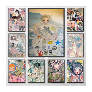 A-Aya Takano Wanddekoration Mehrfarbiges Poster aus Papier als selbstklebender wasserfester Aufkleber in Rechteckform