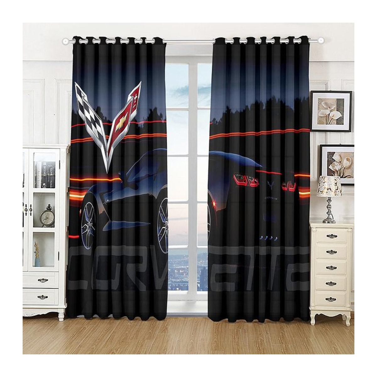 A Family Of Home Textiles 3D-Vorhang mit Rennauto-Motiv und Landschaftsdruck in Schwarz, B: 200 cm, H: 240 cm - Bild 1