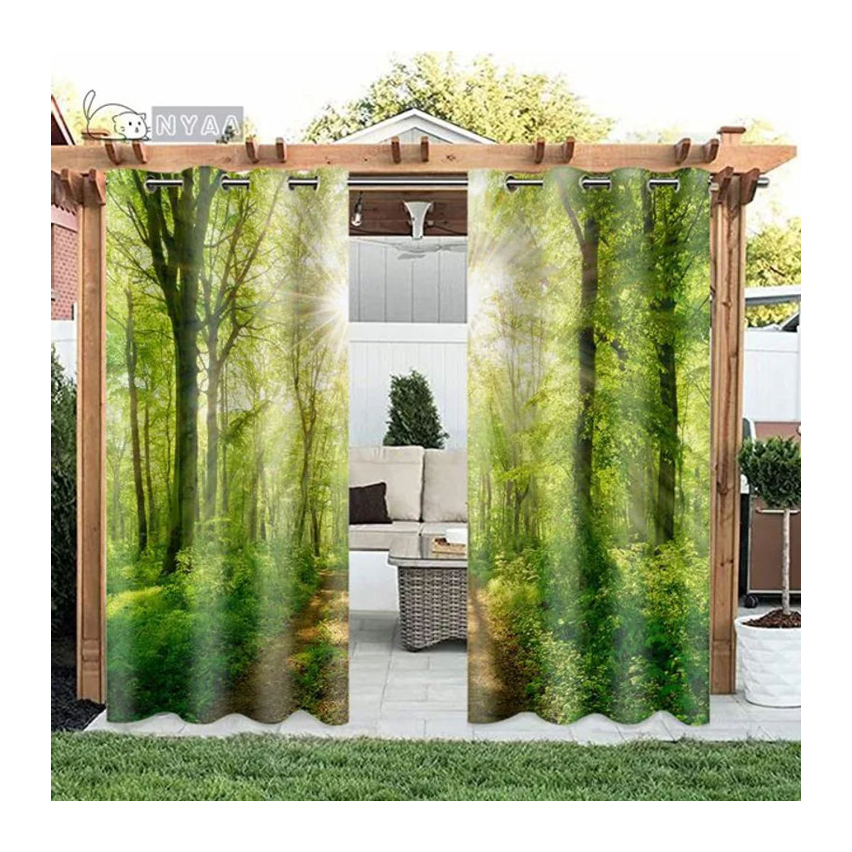A Family Of Home Textiles Außenvorhang Set Grün Natur Design für Garten Pavillon und Balkon, 2er Pack, Breite: 110 cm, Höhe: 240 cm - Bild 1