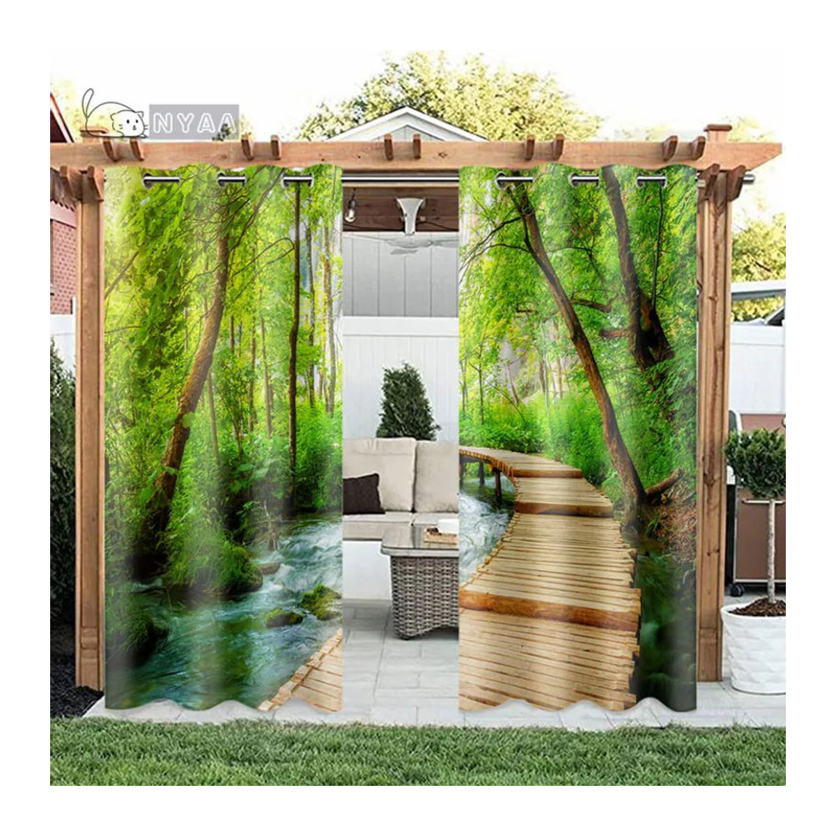 A Family Of Home Textiles Außenvorhang Set Grün Natur Design für Garten Pavillon und Balkon, 2er Pack, Breite: 110 cm, Höhe: 240 cm - Bild 2