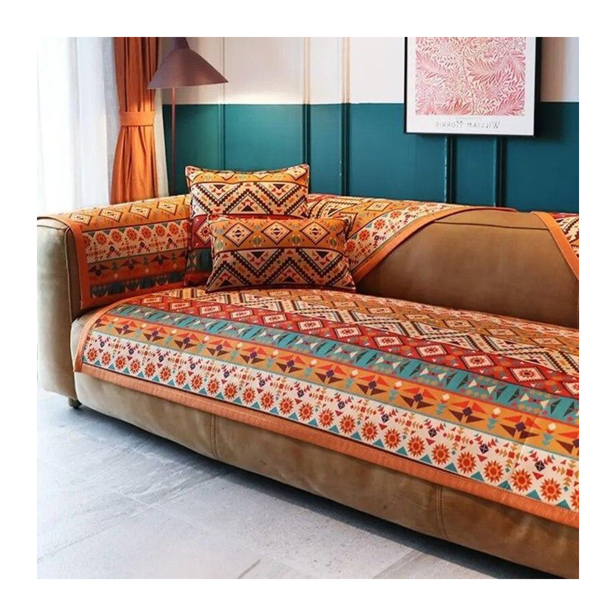 A Family Of Home Textiles Bömisches Chenille Sofakissen Rückenlehne Handtuch mit geometrischem Muster in Orange, B: 90 cm, H: 70 cm - Bild 1
