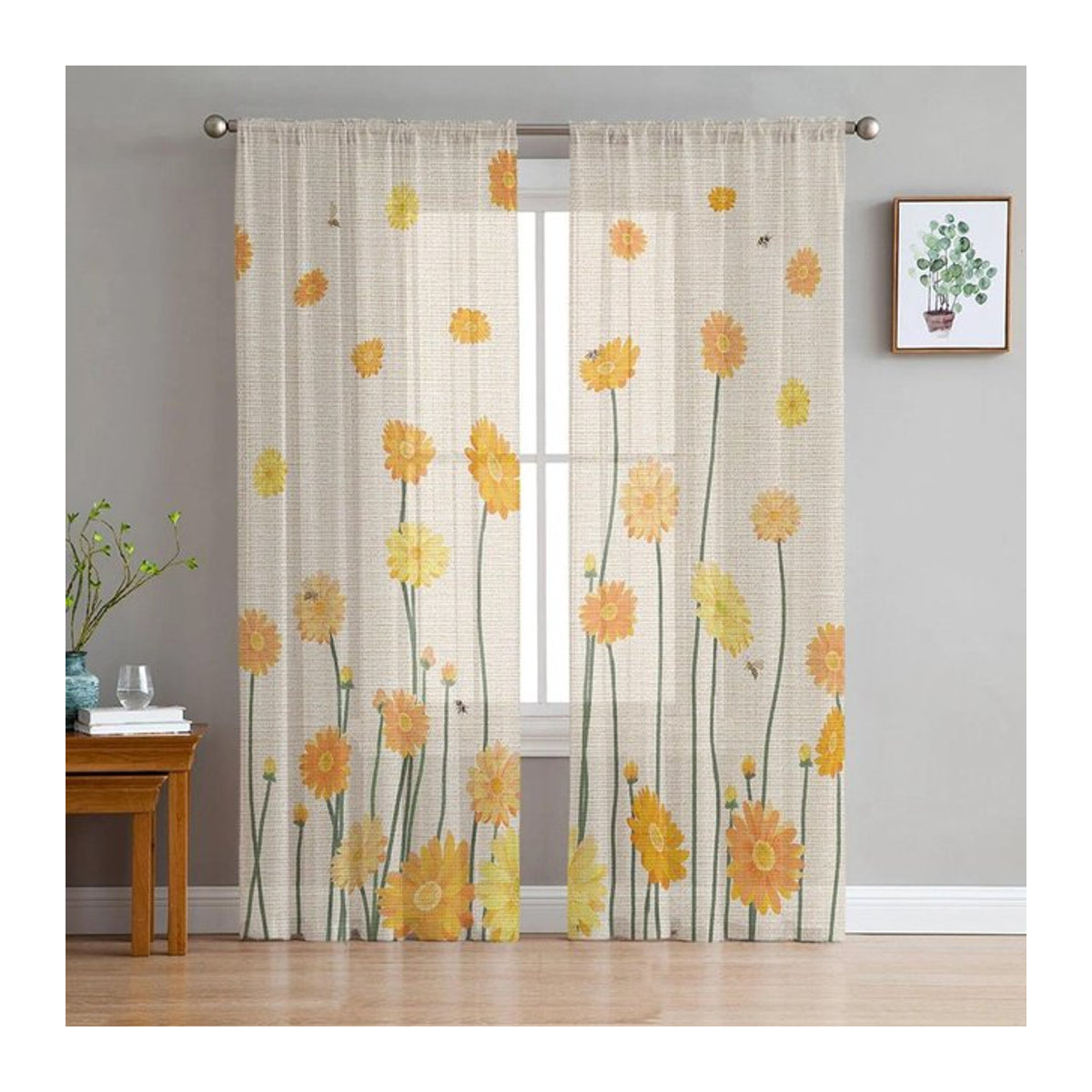 A Family Of Home Textiles Chiffon-Vorhang mit gelben Gänseblümchen und Bienen in Weiß, transparentes Voile für Wohnzimmer und Schlafzimmer, B: 135 cm, H: 114 cm - Bild 1