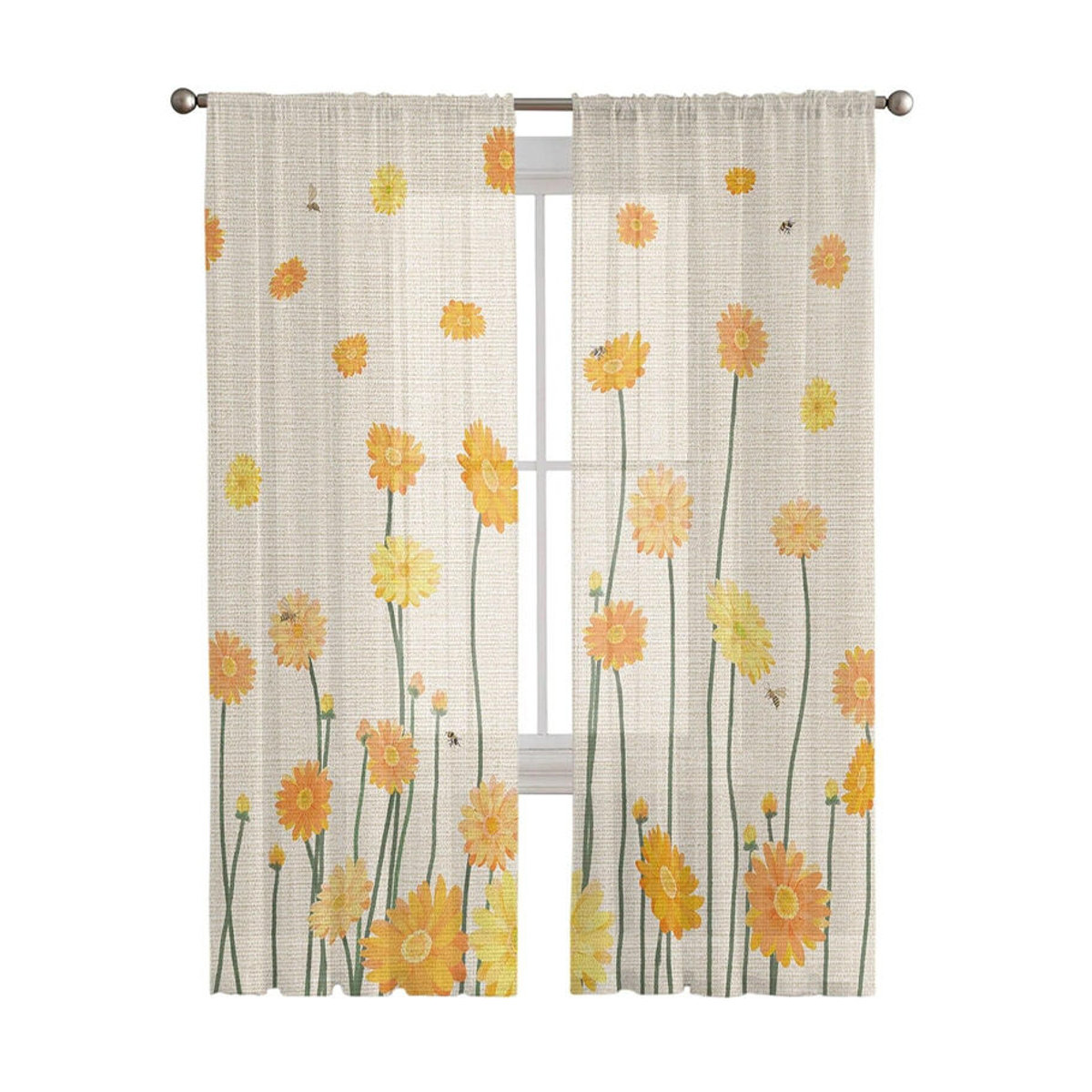 A Family Of Home Textiles Chiffon-Vorhang mit gelben Gänseblümchen und Bienen in Weiß, transparentes Voile für Wohnzimmer und Schlafzimmer, B: 135 cm, H: 114 cm - Bild 2