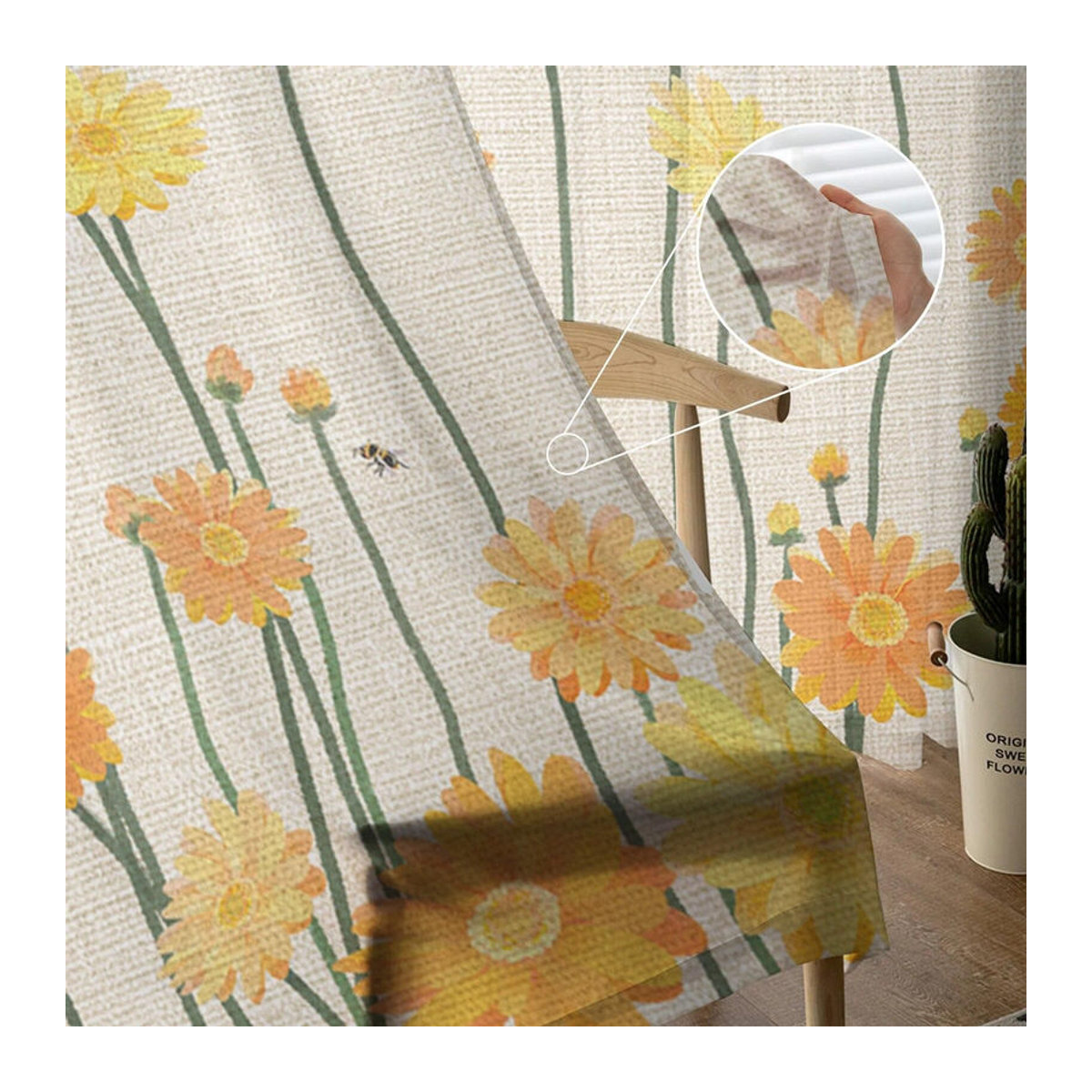 A Family Of Home Textiles Chiffon-Vorhang mit gelben Gänseblümchen und Bienen in Weiß, transparentes Voile für Wohnzimmer und Schlafzimmer, B: 135 cm, H: 114 cm - Bild 3
