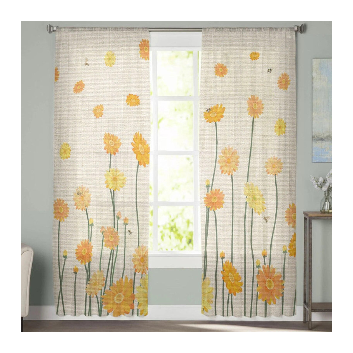 A Family Of Home Textiles Chiffon-Vorhang mit gelben Gänseblümchen und Bienen in Weiß, transparentes Voile für Wohnzimmer und Schlafzimmer, B: 135 cm, H: 114 cm - Bild 4