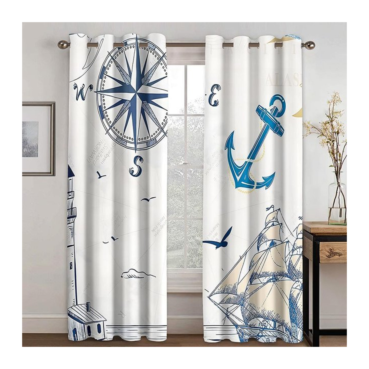 A Family Of Home Textiles Fenster Vorhänge mit nautischem Design aus alten Bootsskizzen, Schiff, Kompass und Anker, 2 Panels, Farbe: Weiß, Breite: 140 cm, Höhe: 160 cm - Bild 1