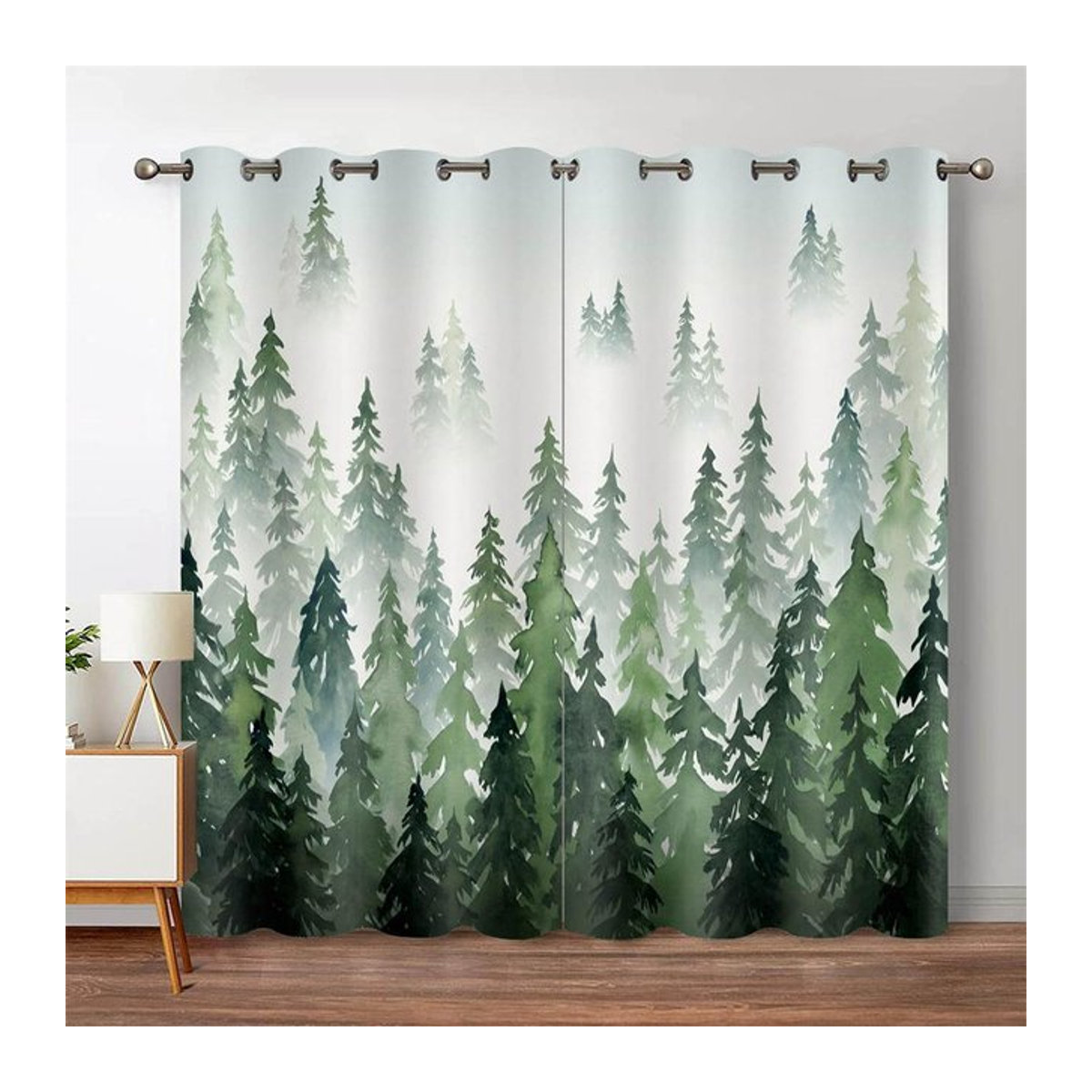 A Family Of Home Textiles Fenstervorhang mit grünem Wald und Aquarell-Baum-Silhouette, semi-transparent, B: 170 cm, H: 200 cm - Bild 1