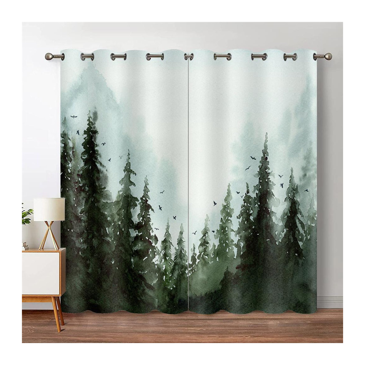 A Family Of Home Textiles Fenstervorhang mit grünem Wald und Aquarell-Baum-Silhouette, semi-transparent, B: 170 cm, H: 200 cm - Bild 2