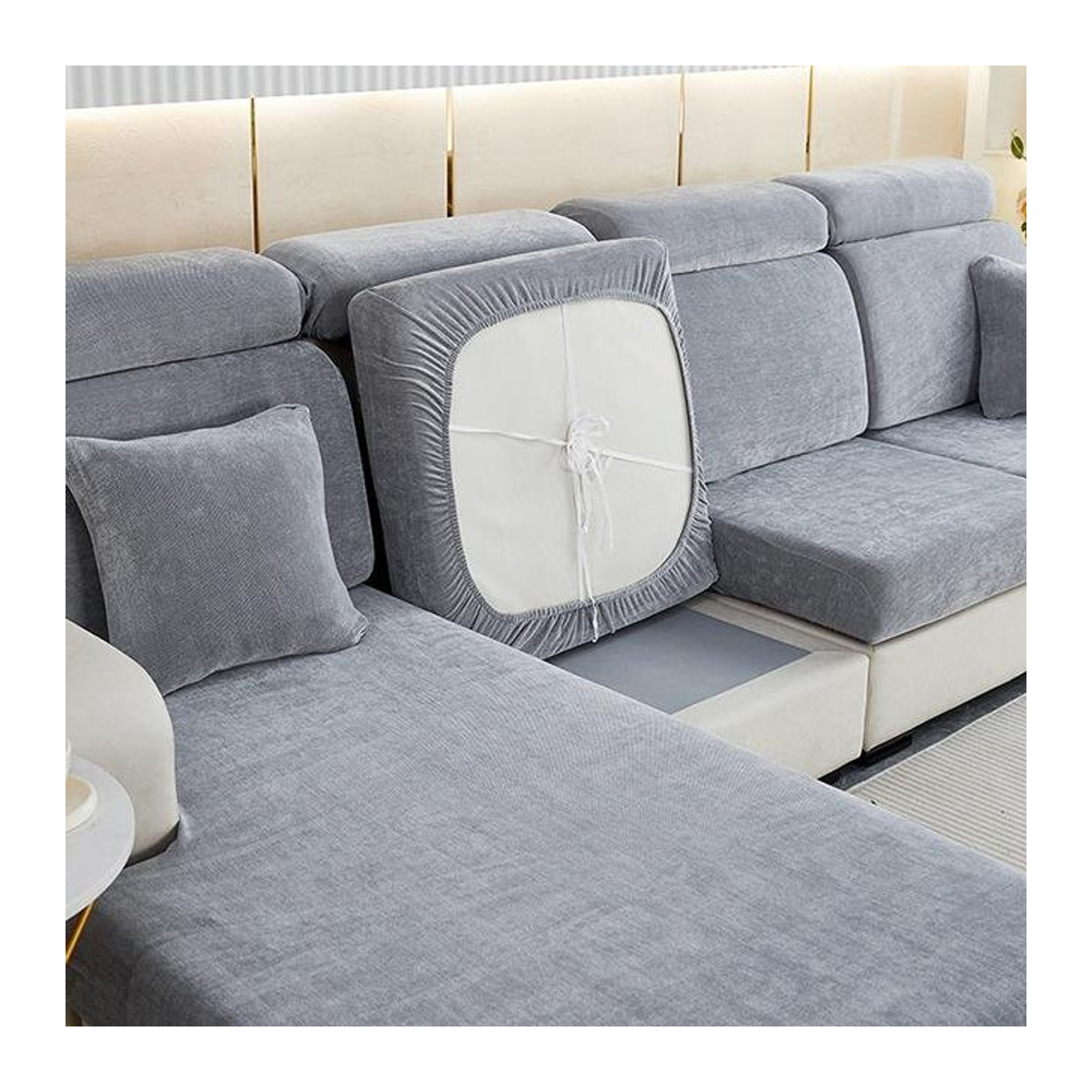 A Family Of Home Textiles Luxus-Sofa-Sitzkissenbezug in L-Form, elastisch und staubdicht, dunkelgrau - Bild 1