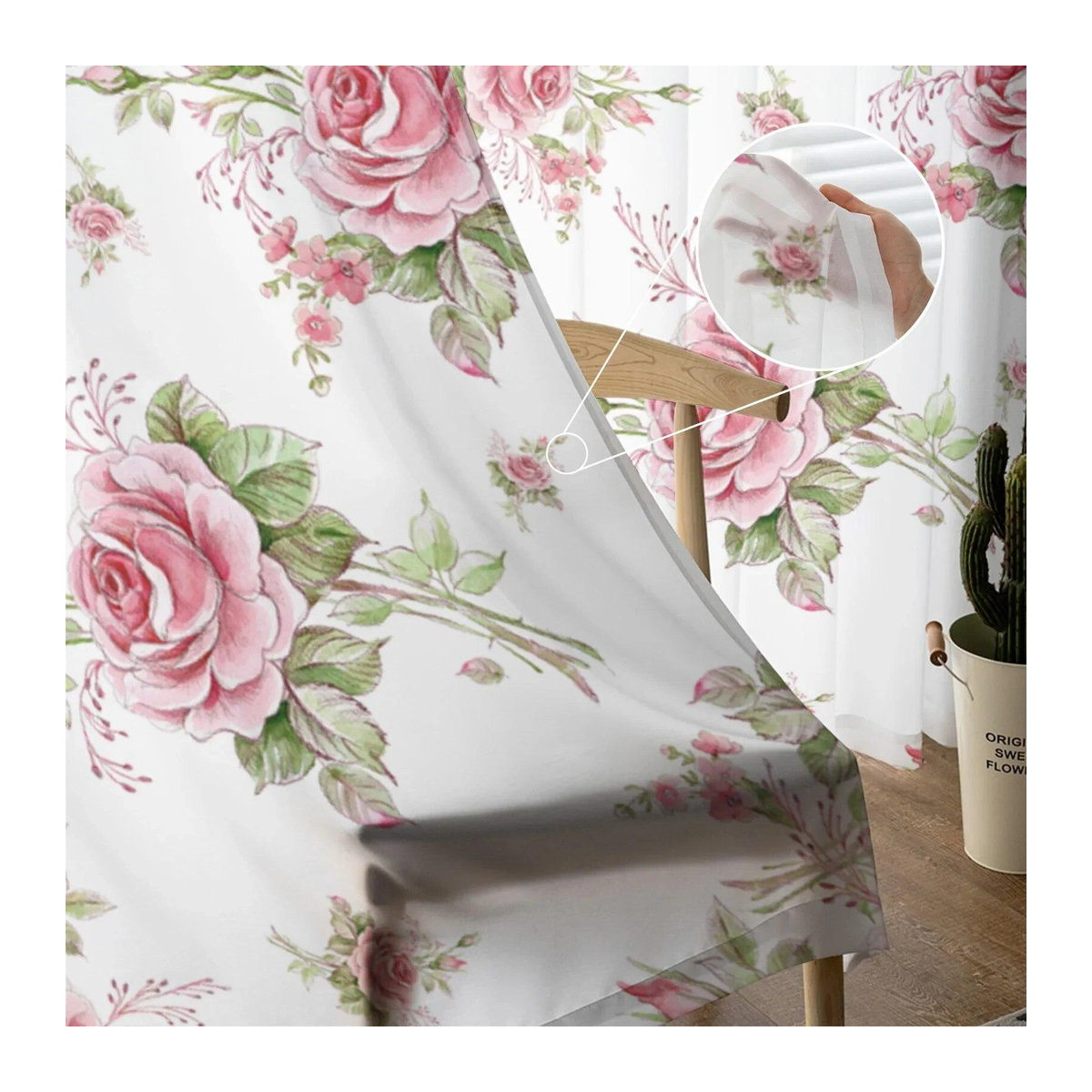 A Family Of Home Textiles Romantische Luxus-Tüll-Vorhänge aus Chiffon in Rosa und Weiß, durchsichtige Volant-Vorhänge für Wohnzimmer, Küche und Schlafzimmer, B/H: 135 x 114 cm (2 Stück) - Bild 1