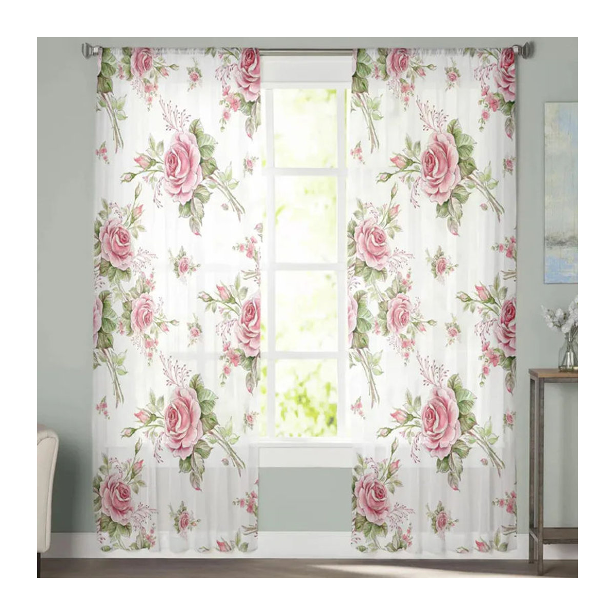 A Family Of Home Textiles Romantische Luxus-Tüll-Vorhänge aus Chiffon in Rosa und Weiß, durchsichtige Volant-Vorhänge für Wohnzimmer, Küche und Schlafzimmer, B/H: 135 x 114 cm (2 Stück) - Bild 2