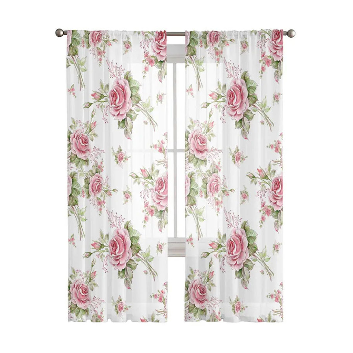 A Family Of Home Textiles Romantische Luxus-Tüll-Vorhänge aus Chiffon in Rosa und Weiß, durchsichtige Volant-Vorhänge für Wohnzimmer, Küche und Schlafzimmer, B/H: 135 x 114 cm (2 Stück) - Bild 3
