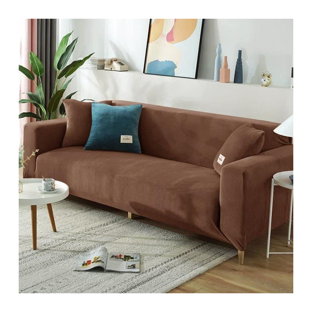 A Family Of Home Textiles Samt-Sofabezug für 2-Sitzer, elastischer Couchbezug zum Schutz deiner Möbel, kaffeebraun, Breite: 140-185 cm - Bild 1