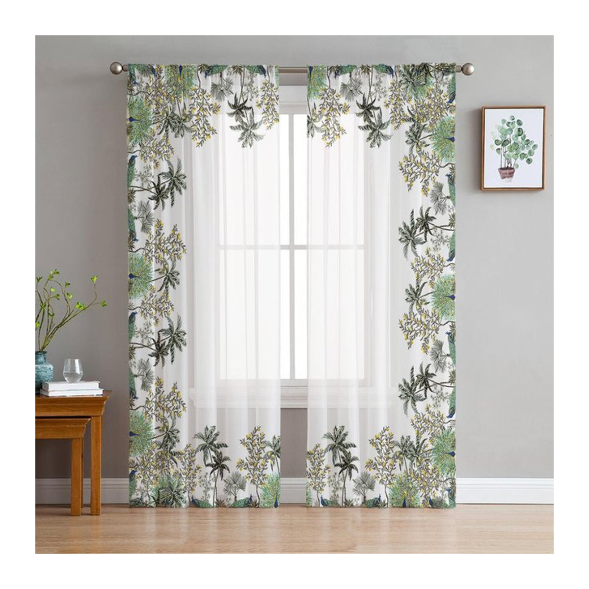 A Family Of Home Textiles Sheer Fenster Vorhang mit Tropischem Palmen- und Kokospalmen-Design in Weiß, B: 135 cm, H: 114 cm - Bild 1