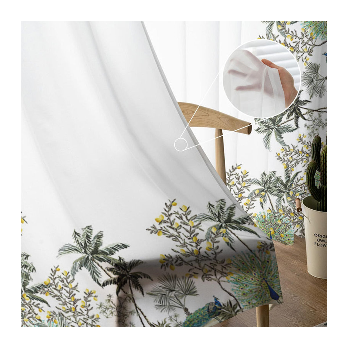 A Family Of Home Textiles Sheer Fenster Vorhang mit Tropischem Palmen- und Kokospalmen-Design in Weiß, B: 135 cm, H: 114 cm - Bild 2