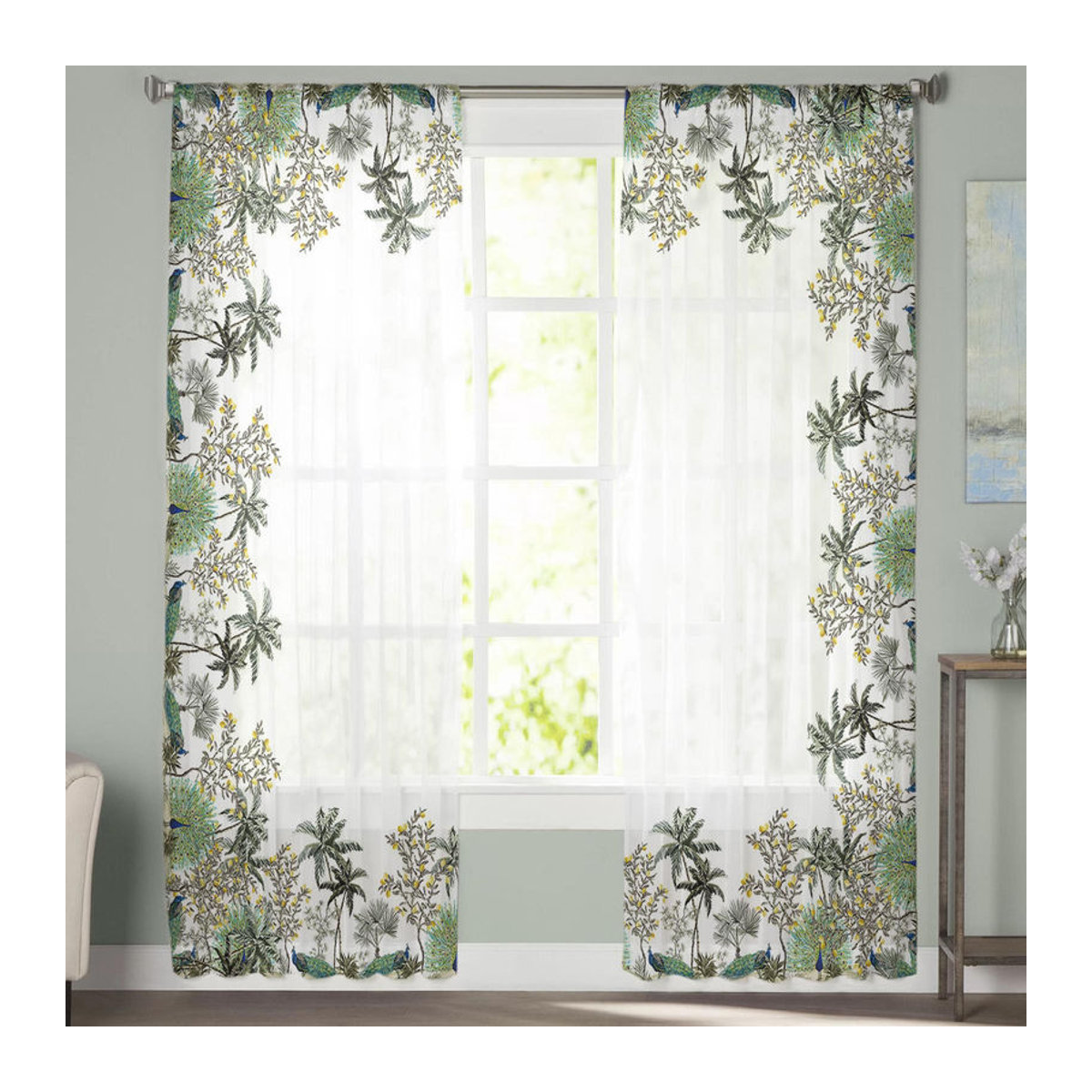 A Family Of Home Textiles Sheer Fenster Vorhang mit Tropischem Palmen- und Kokospalmen-Design in Weiß, B: 135 cm, H: 114 cm - Bild 3