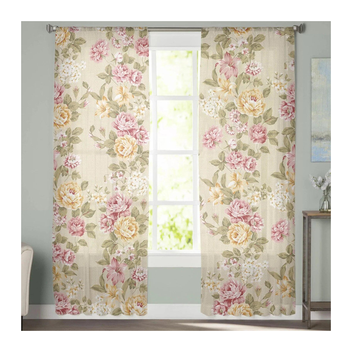 A Family Of Home Textiles Sheer Voile Vorhang Bouquet Rose in Gelb Rosa Beige mit B: 135 cm, H: 183 cm - Bild 4