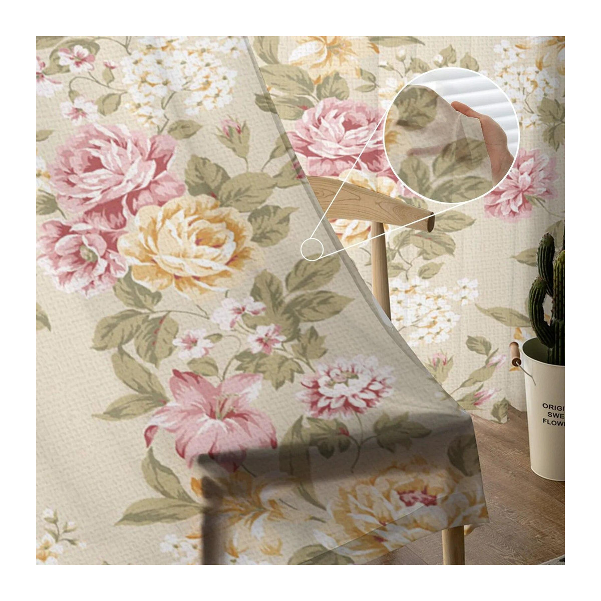 A Family Of Home Textiles Sheer Voile Vorhang Bouquet Rose in Gelb Rosa Beige mit B: 135 cm, H: 183 cm - Bild 5