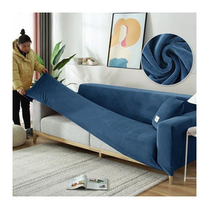A Family Of Home Textiles Sofabezug aus Stretch-Samt in Blau für L-förmige Sofas und Sessel inklusive 2 Kissenbezügen