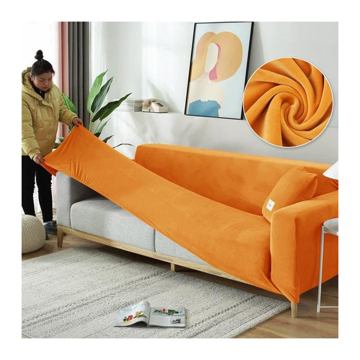 A Family Of Home Textiles Sofabezug aus Stretch-Samt in Orange, Anti-Rutsch Sesselbezug für 1-Sitzer, Breite: 90-140 cm - Bild 1