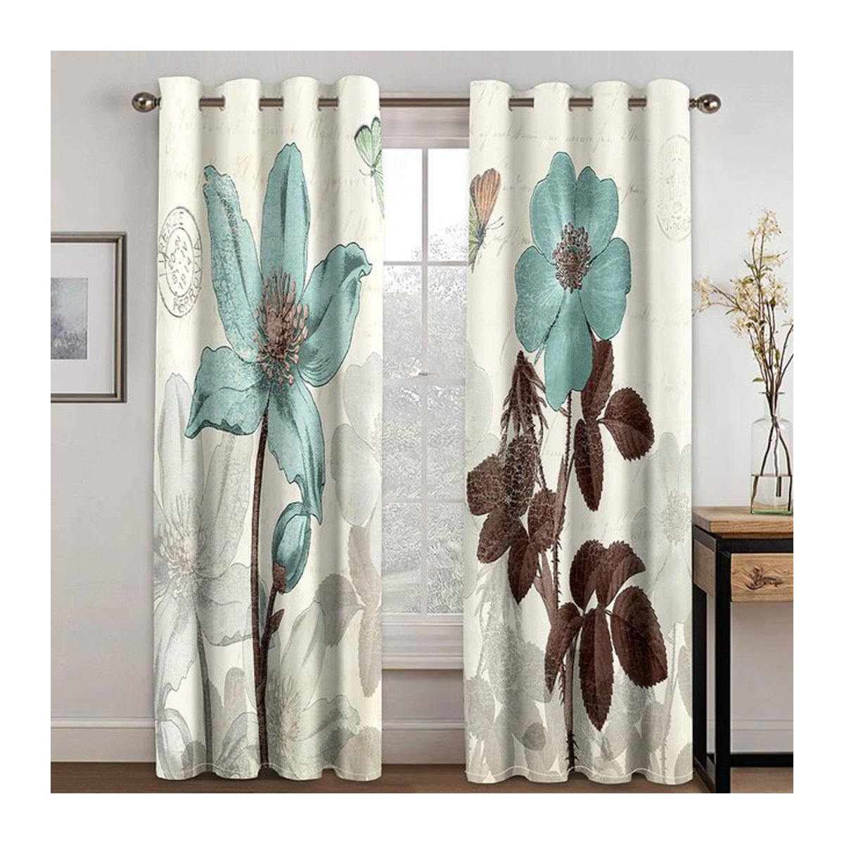 A Family Of Home Textiles Sonnenschutzvorhang im Retro-Stil mit Blätter- und Blumen-Motiv, Digitaldruck, mehrfarbig, B: 150 cm, H: 166 cm - Bild 1