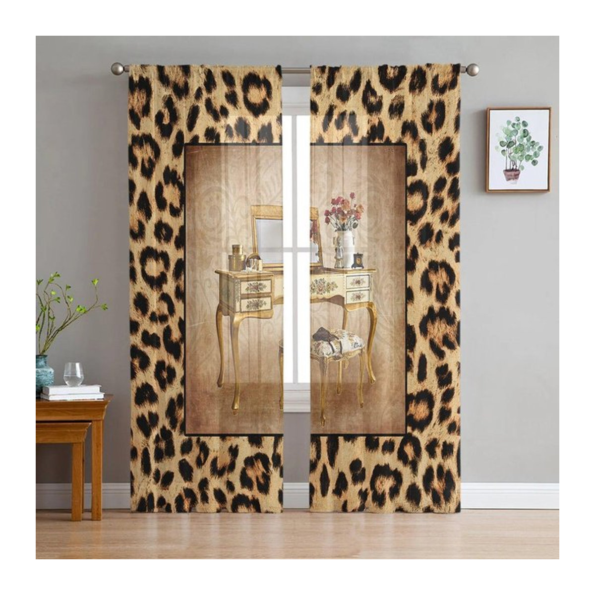 A Family Of Home Textiles Transparente Tüllvorhänge mit Leopardenmuster in Braun für Wohnzimmer und Schlafzimmer B: 135 cm, H: 114 cm, 2er-Set - Bild 1