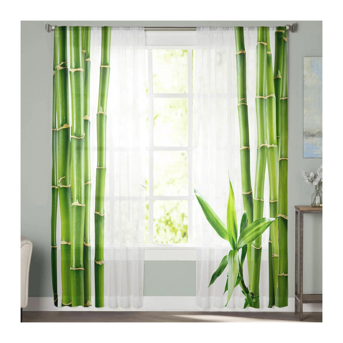 A Family Of Home Textiles Voile-Fenstervorhänge in Grün mit Bambus-Zen-Design, B: 135 cm, H: 160 cm - Bild 5