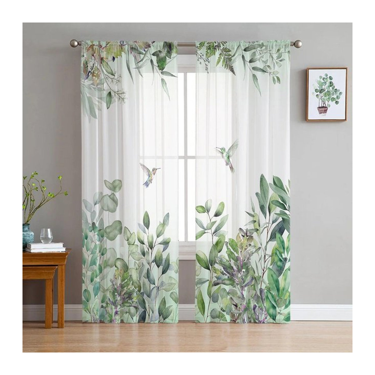 A Family Of Home Textiles Voile-Vorhang mit Aquarell-Pflanzenblättern und Kolibri in Grün und Weiß, Breite: 135 cm, Höhe: 137 cm - Bild 1