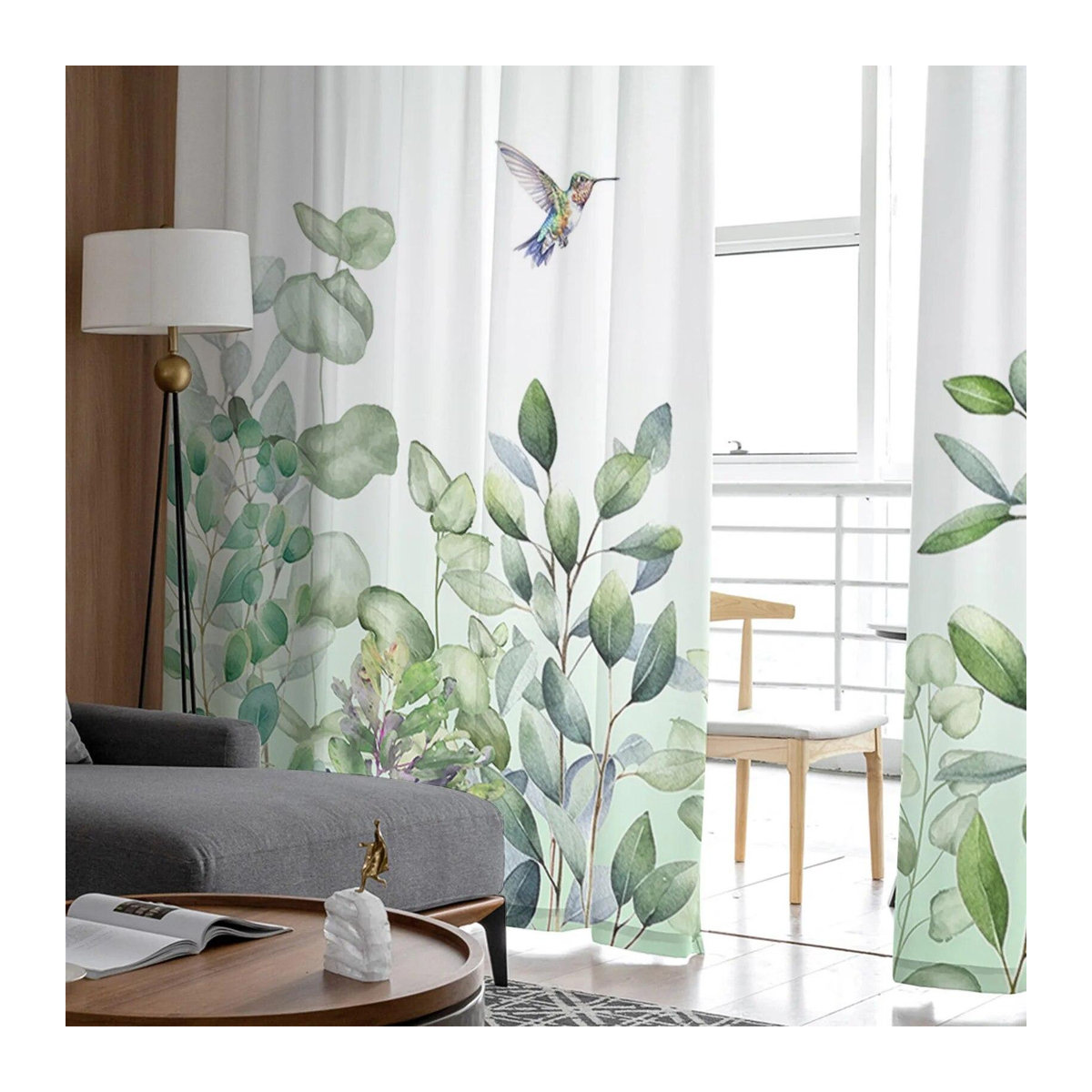 A Family Of Home Textiles Voile-Vorhang mit Aquarell-Pflanzenblättern und Kolibri in Grün und Weiß, Breite: 135 cm, Höhe: 137 cm - Bild 2