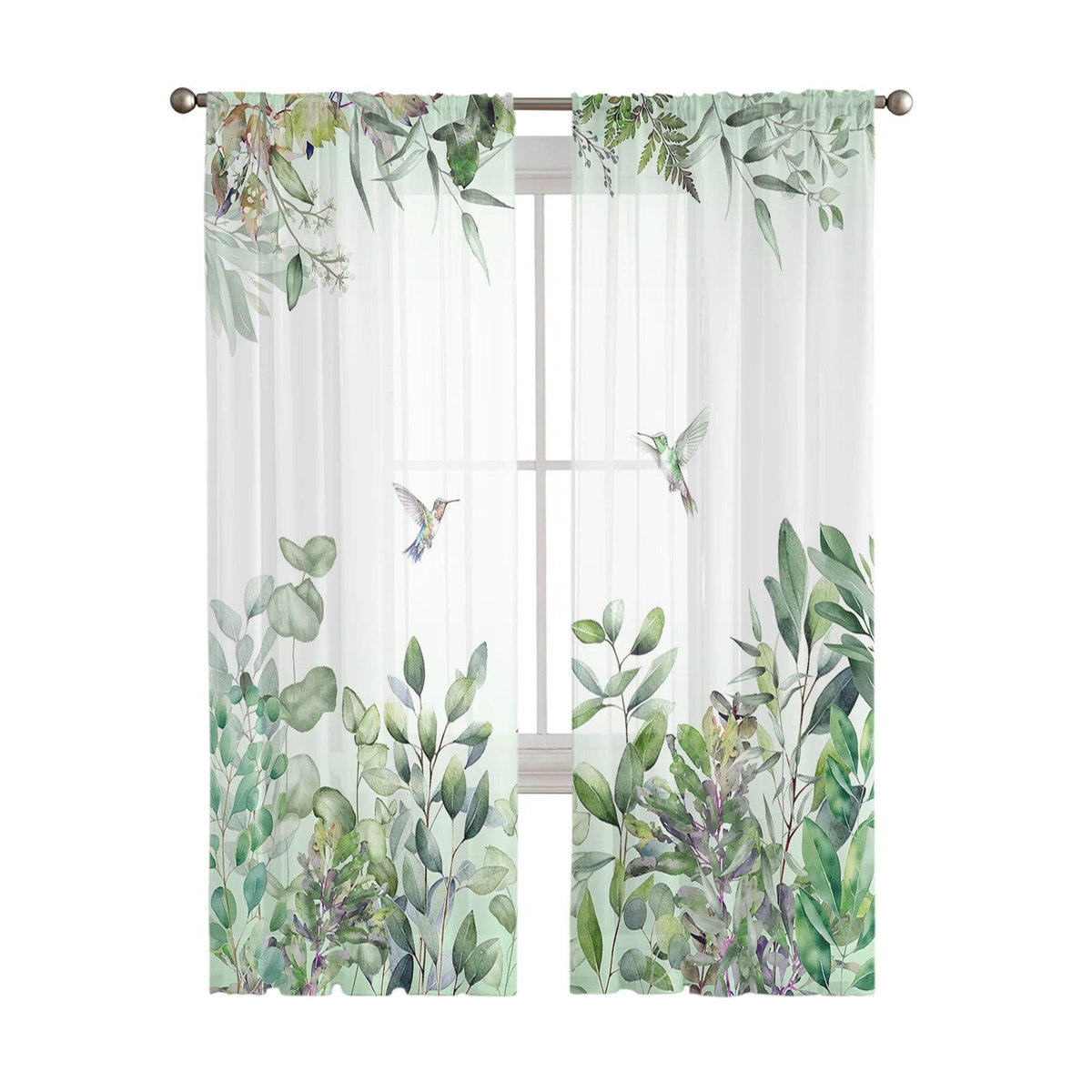 A Family Of Home Textiles Voile-Vorhang mit Aquarell-Pflanzenblättern und Kolibri in Grün und Weiß, Breite: 135 cm, Höhe: 137 cm - Bild 3