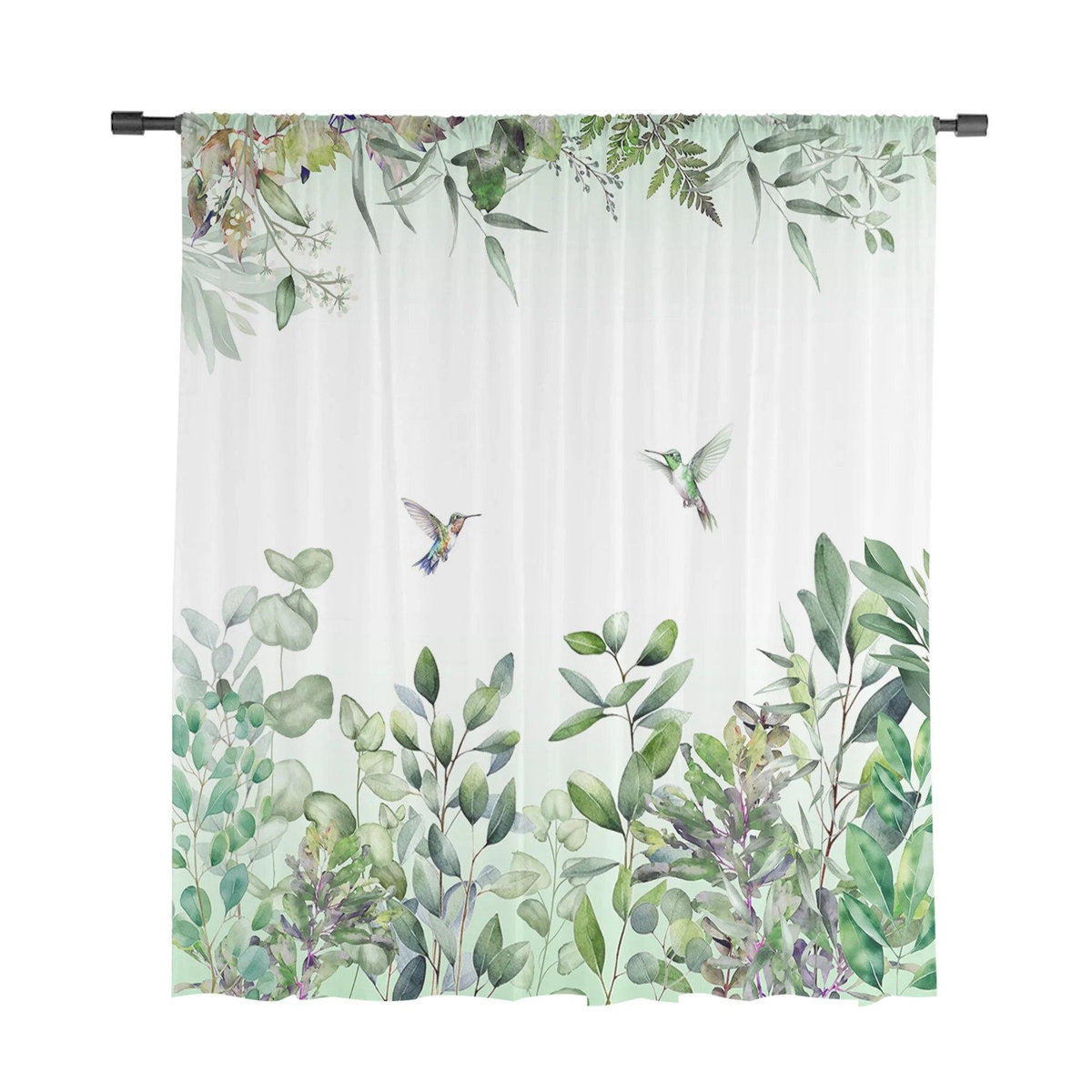 A Family Of Home Textiles Voile-Vorhang mit Aquarell-Pflanzenblättern und Kolibri in Grün und Weiß, Breite: 135 cm, Höhe: 137 cm - Bild 4