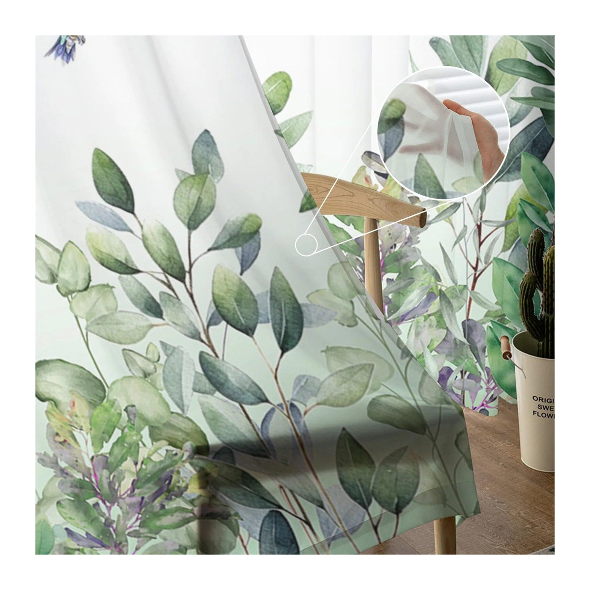 A Family Of Home Textiles Voile-Vorhang mit Aquarell-Pflanzenblättern und Kolibri in Grün und Weiß, Breite: 135 cm, Höhe: 137 cm - Bild 5