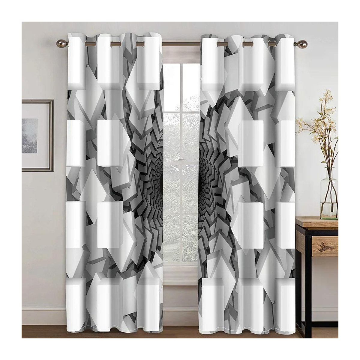 A Family Of Home Textiles Vorhang Set mit 2 Paneelen, abstraktes geometrisches Muster in Schwarz Weiß Rot, halbtransparent, B: 70 cm, H: 245 cm - Bild 1