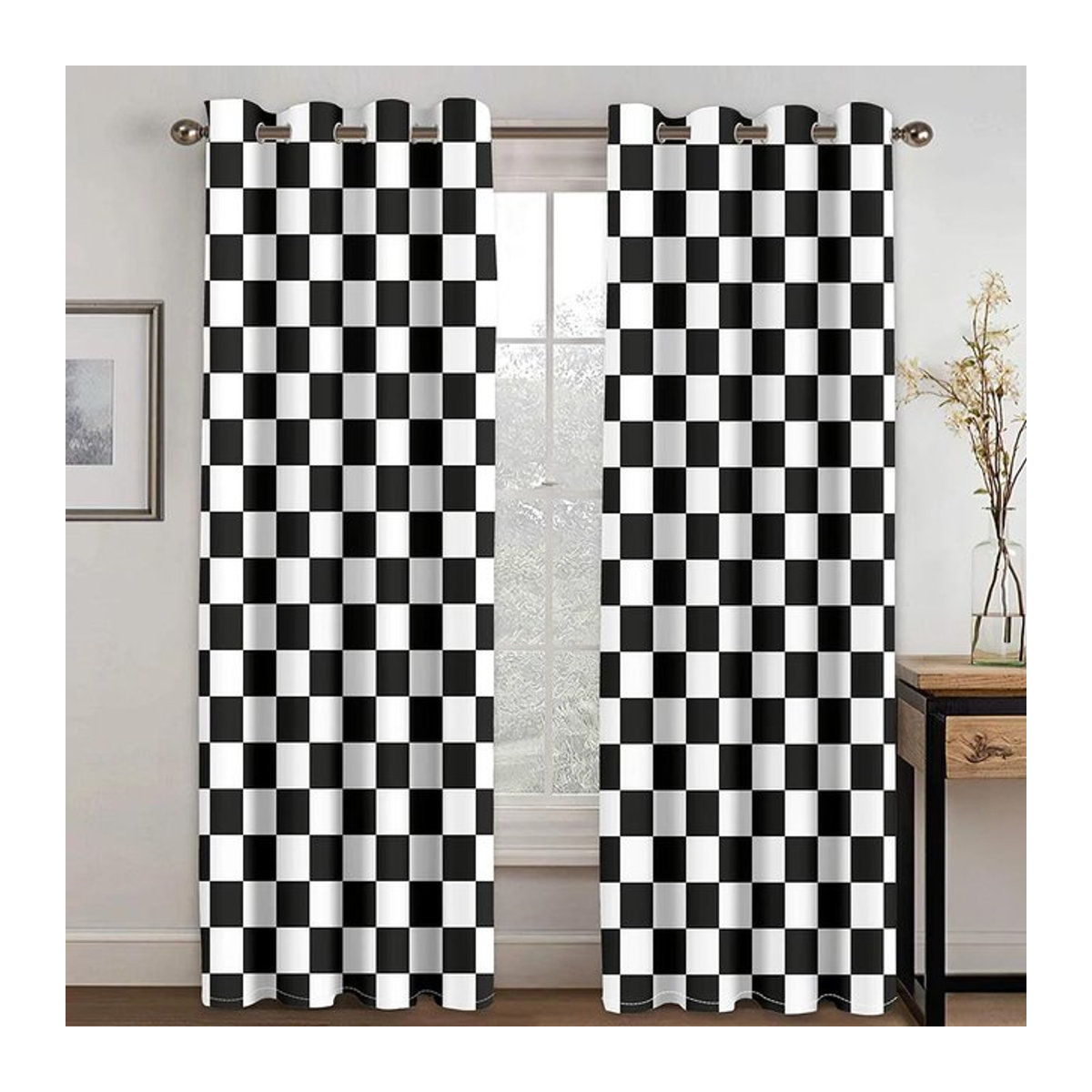 A Family Of Home Textiles Vorhang Set mit abstraktem geometrischem Muster in Schwarz Weiß Rot, 2 Paneele, semi-transparent, B: 70 cm, H: 245 cm - Bild 1