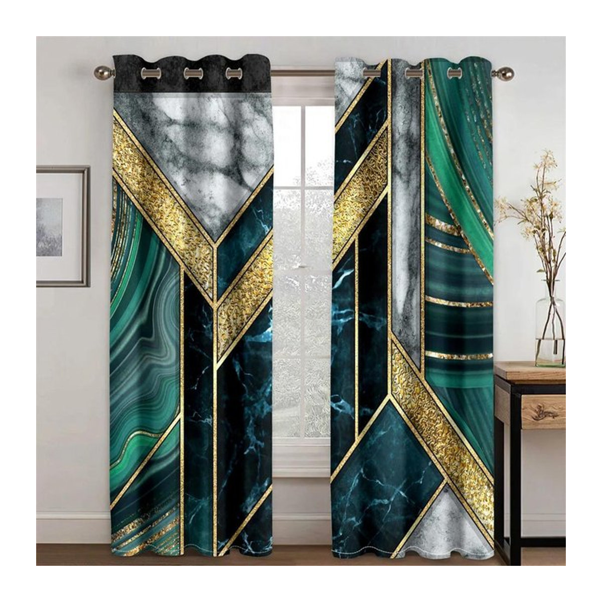 A Family Of Home Textiles Vorhang Set mit abstraktem Marmor Design in Schwarz und Gold, 2er Pack, semi-transparent, B: 130 cm, H: 250 cm - Bild 1