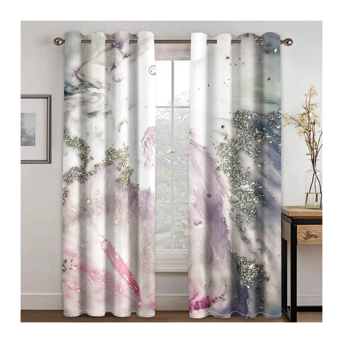 A Family Of Home Textiles Vorhang Set mit abstraktem Marmor Design in Schwarz und Gold, 2er Pack, semi-transparent, B/H: 70 x 185 cm - Bild 1