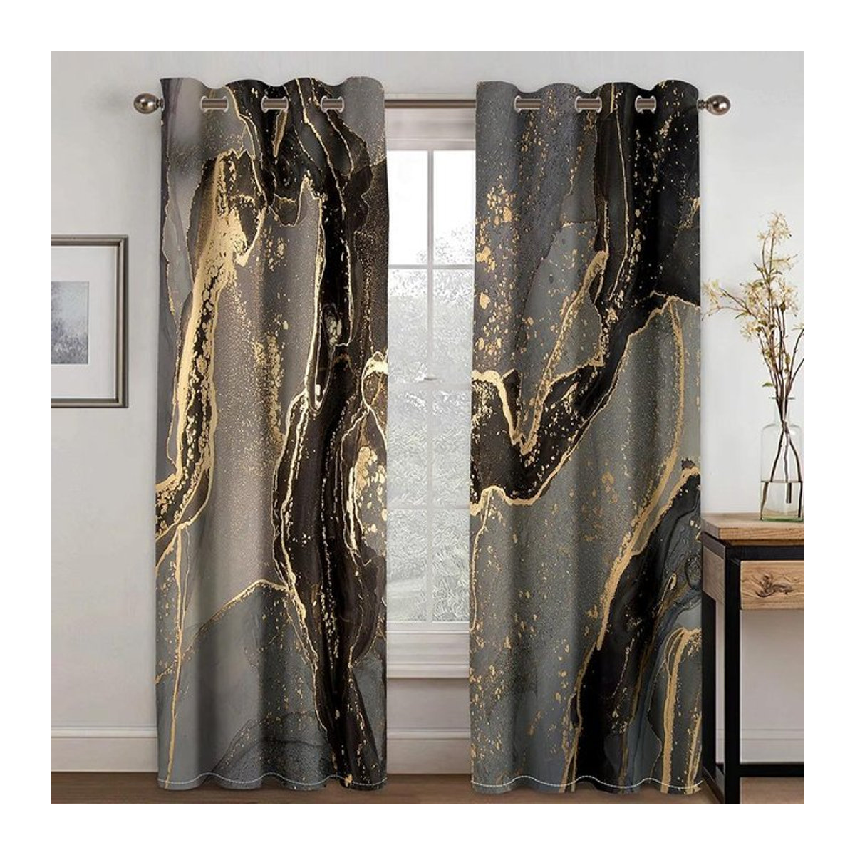 A Family Of Home Textiles Vorhang Set mit abstraktem Marmor-Design in Schwarz und Gold, semi-transparent, 2 Stück, B: 85 cm, H: 200 cm - Bild 1