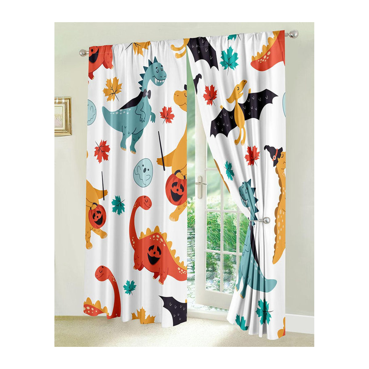 A Family Of Home Textiles Vorhänge mit Cartoon Dinosaurier für Kinderzimmer und Wohnzimmer, 2er-Set, Weiß, B: 50 cm, H: 50 cm - Bild 2