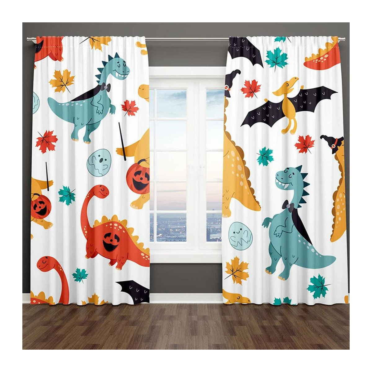 A Family Of Home Textiles Vorhänge mit Cartoon Dinosaurier Motiv für Kinderzimmer und Wohnzimmer, 2er-Set, Weiß, B: 85 cm, H: 200 cm - Bild 2