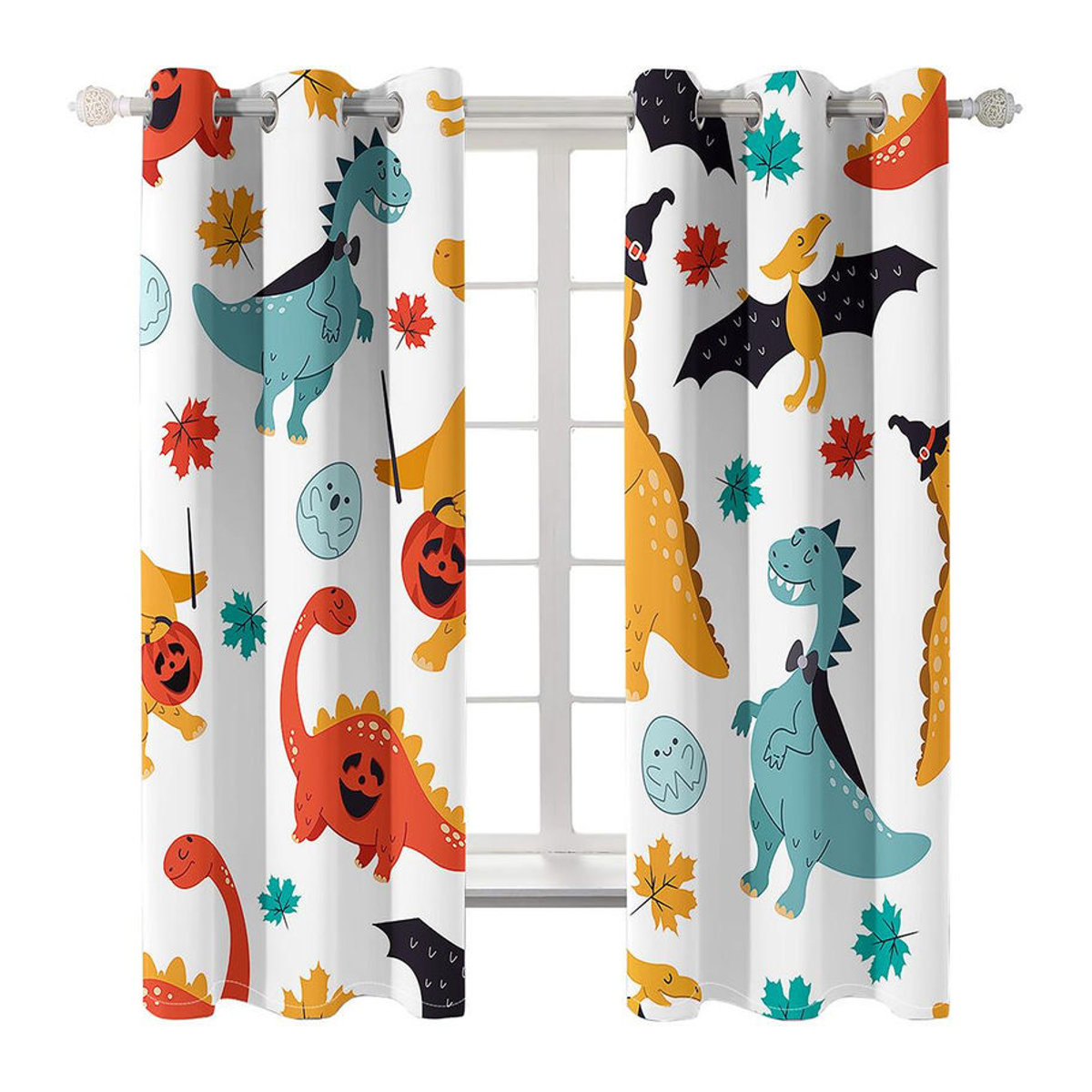 A Family Of Home Textiles Vorhänge mit Cartoon Dinosaurier Motiv für Kinderzimmer und Wohnzimmer, 2er-Set, Weiß, B: 85 cm, H: 200 cm - Bild 4