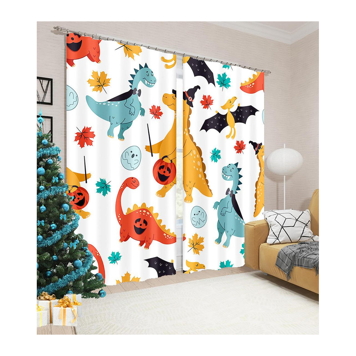A Family Of Home Textiles Vorhänge mit Cartoon Dinosaurier Motiv für Kinderzimmer und Wohnzimmer, 2er-Set, Weiß, Breite: 75 cm, Höhe: 166 cm - Bild 1