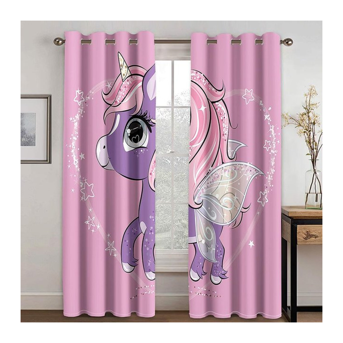 A Family Of Home Textiles Vorhänge mit Einhorn-Motiv und Regenbogen-Pferd für Mädchenzimmer, 2 Paneele, Rosa, Breite: 175 cm, Höhe: 220 cm - Bild 1