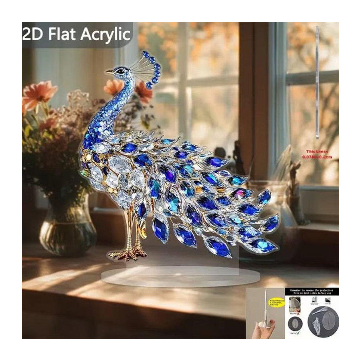A-Nice Kristall-Pfau Ornament aus Acryl, blaue 2D flache Acrylfigur als Tischdekoration für Wohnzimmer und Büro - Bild 1