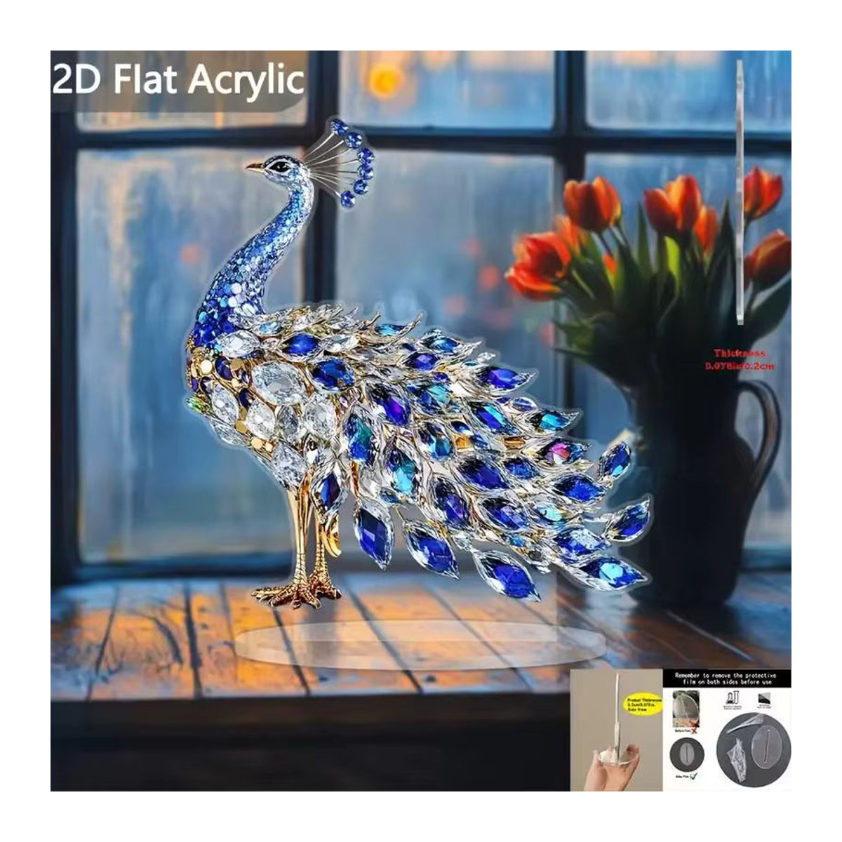 A-Nice Kristall-Pfau Ornament aus Acryl, blaue 2D flache Acrylfigur als Tischdekoration für Wohnzimmer und Büro - Bild 2